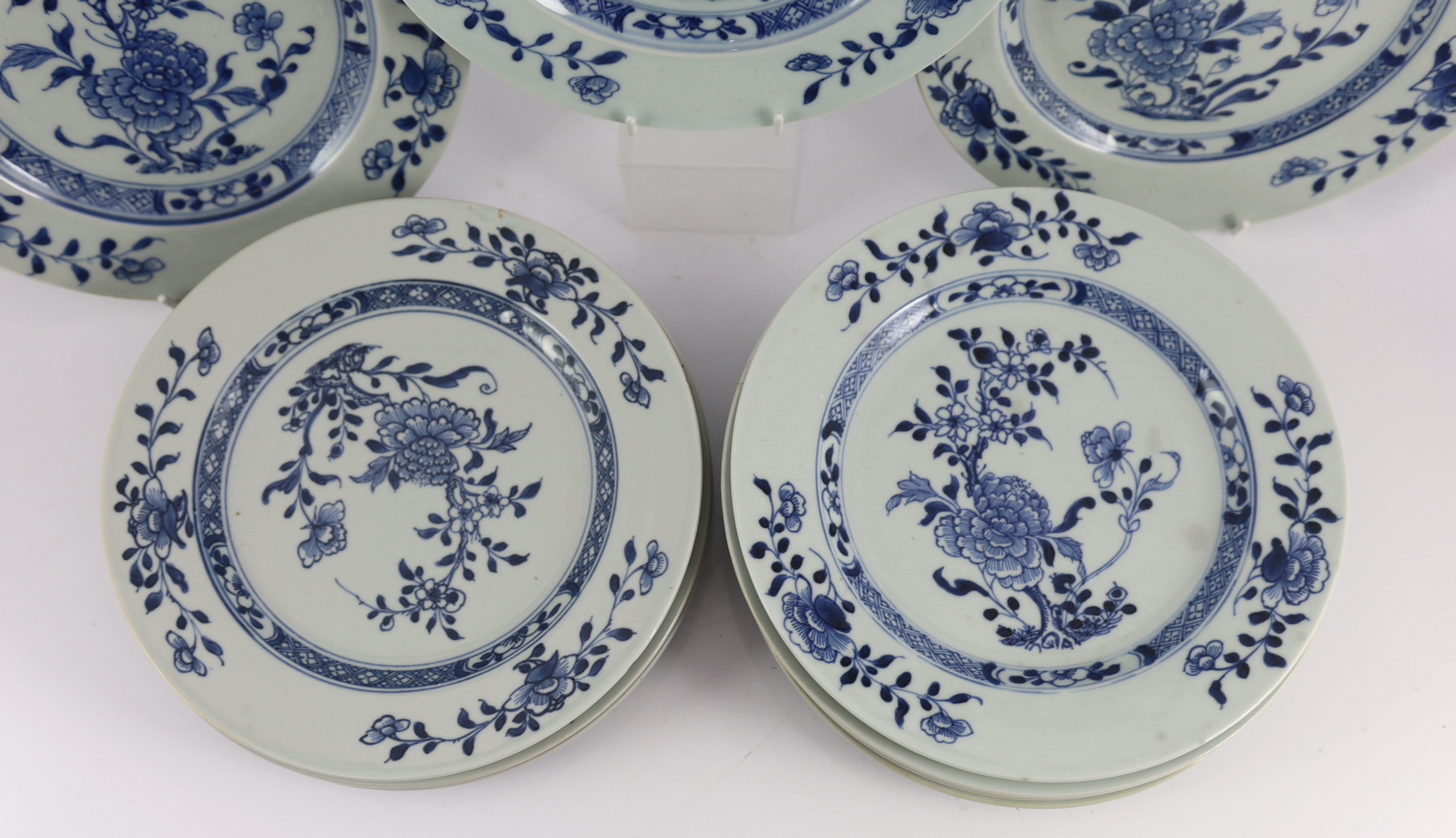 Twelve Chinese blue and white ‘Peony and Pomegranate’ plates, Nanking Cargo, c.1750